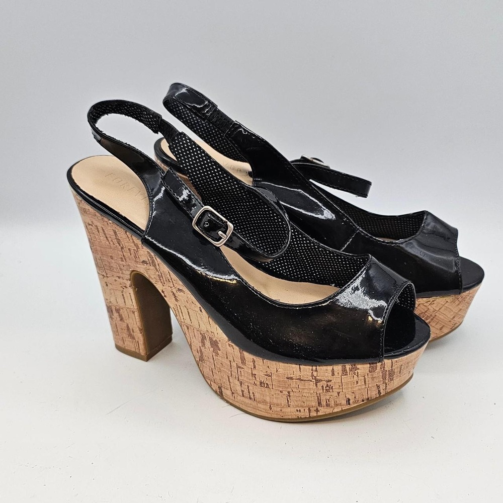 Forever 21 Vintage Black Patent Cork Platform Sandals Chunky Heels Womens 7.5